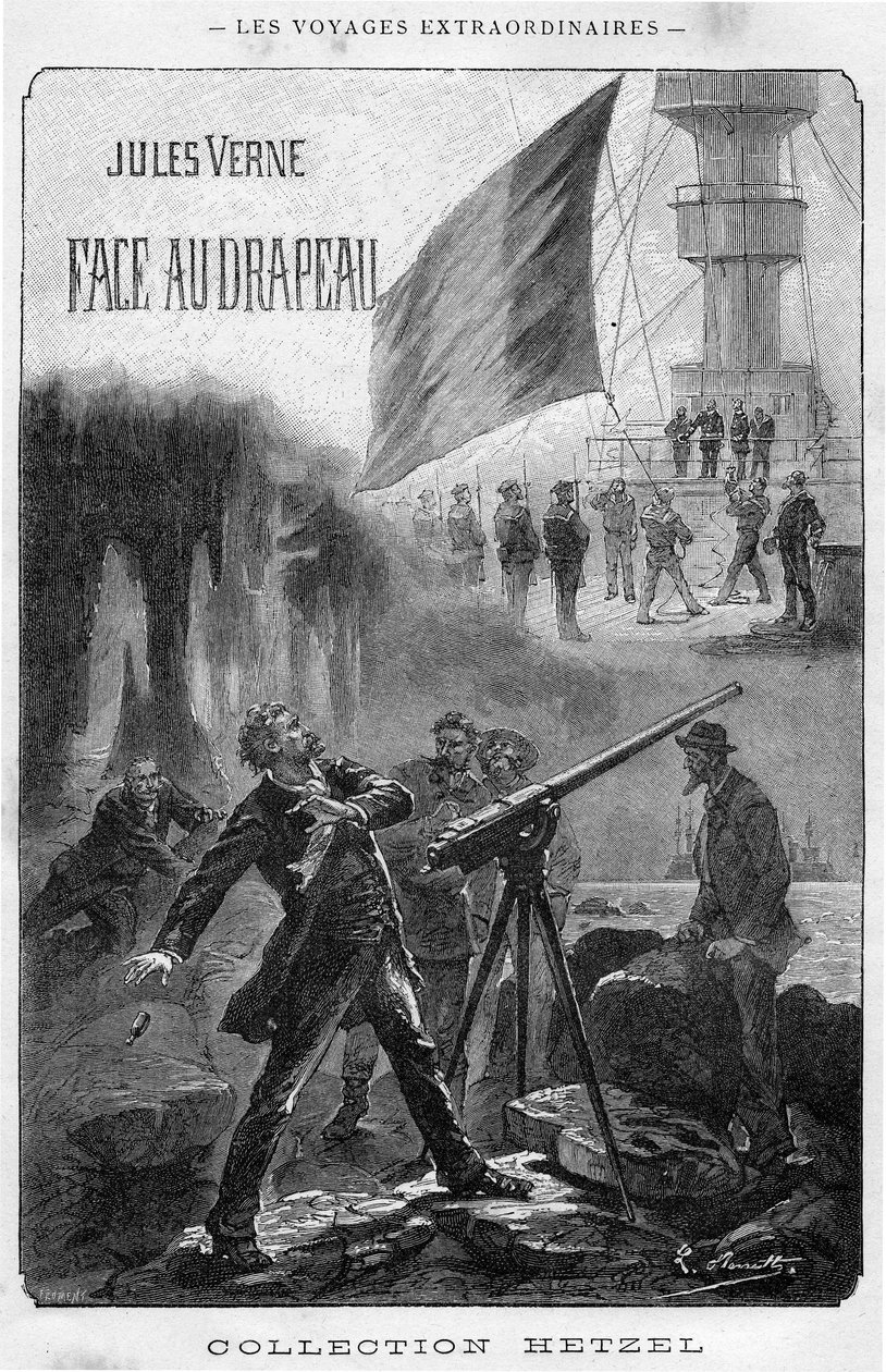 Illustrasjon av boken "Face au Drapeau" av Jules Verne, frontispice Hetzel-utgaven - Les voyages extraordinary 1896 (gravering) av Hippolyte Leon Benett
