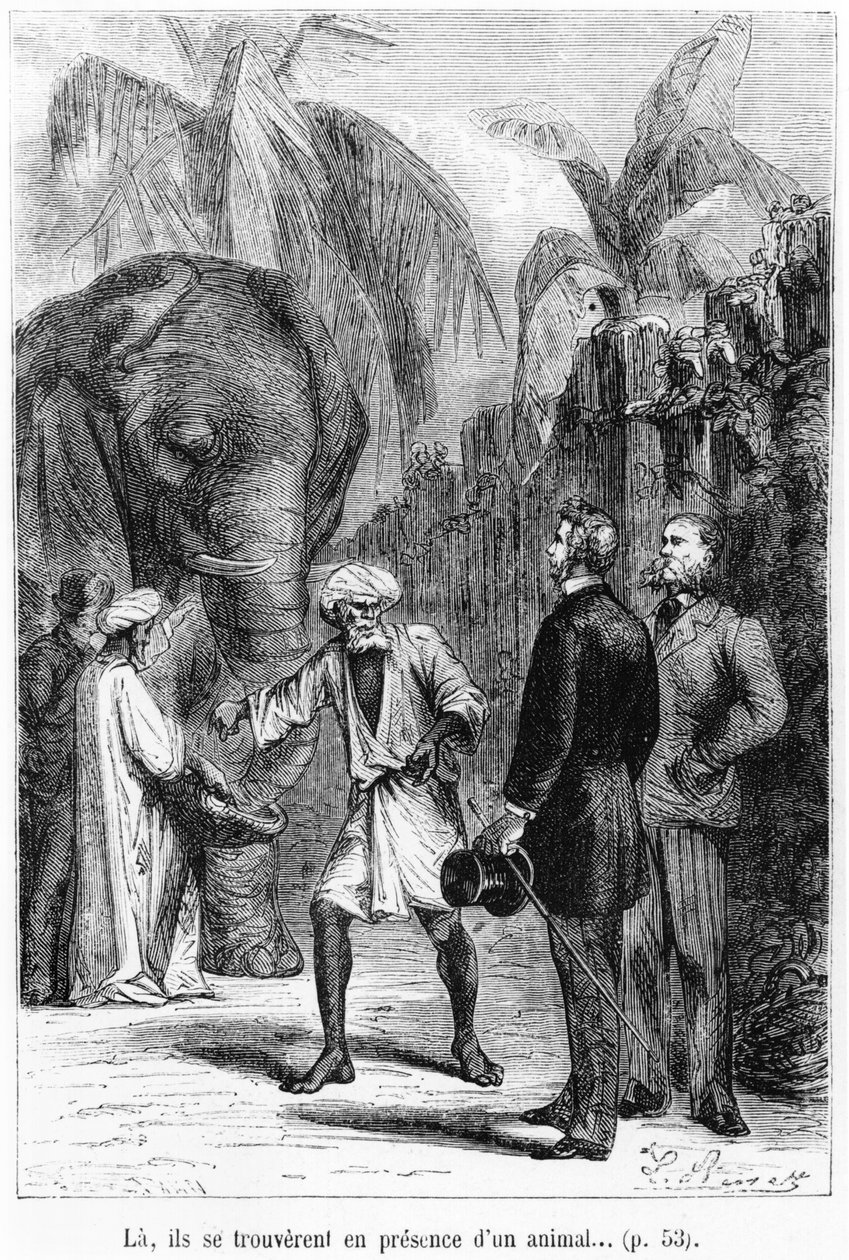 Phileas Fogg foran en elefant, illustrasjon fra 