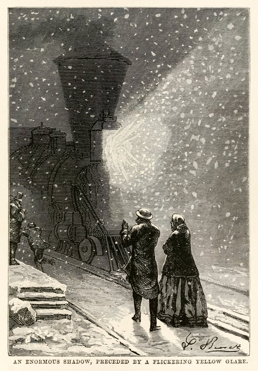 En enorm skygge, innledet av et flimrende gult gjenskinn, fra Around the World in Eighty Days av Jules Verne (1828-1905) gravert av Adolphe François Pannemaker (1822-1900), 1873 av Hippolyte Leon after Benett
