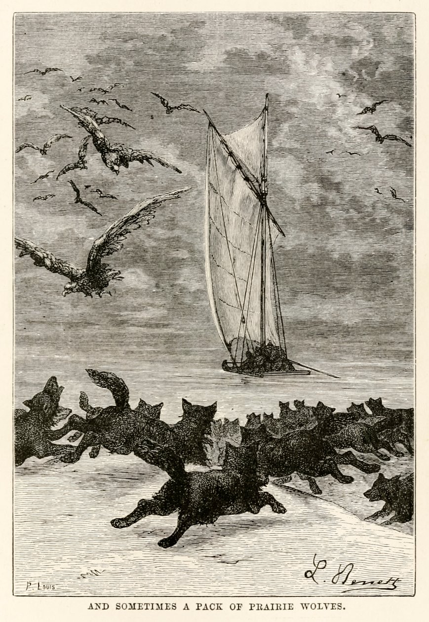 Og noen ganger en flokk med prærieulver, fra Around the World in Eighty Days av Jules Verne (1828-1905) gravert av Louis, 1873 av Hippolyte Leon after Benett
