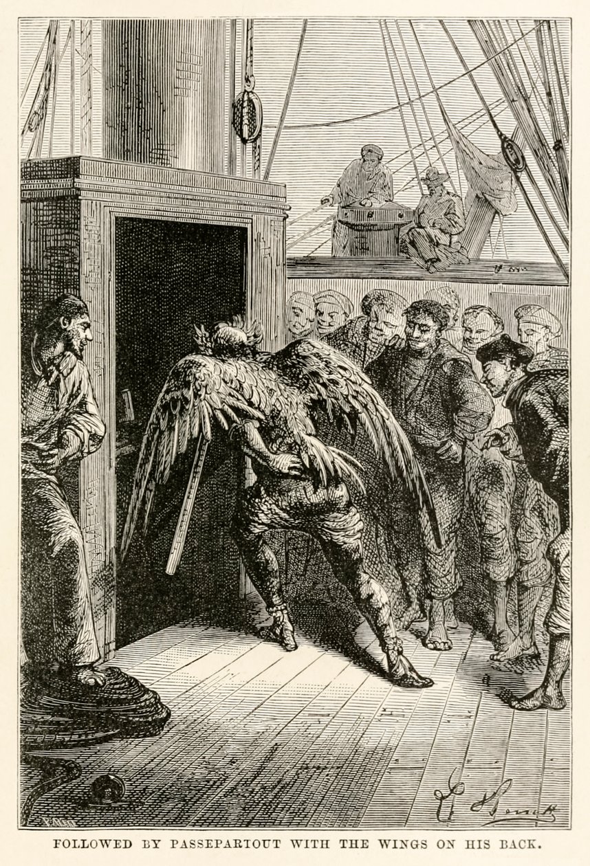 Etterfulgt av Passepartout med vingene på ryggen, fra Jorden rundt på åtti dager av Jules Verne (1828-1905), gravert av Adolphe François Pannemaker (1822-1900), 1873 av Hippolyte Leon after Benett