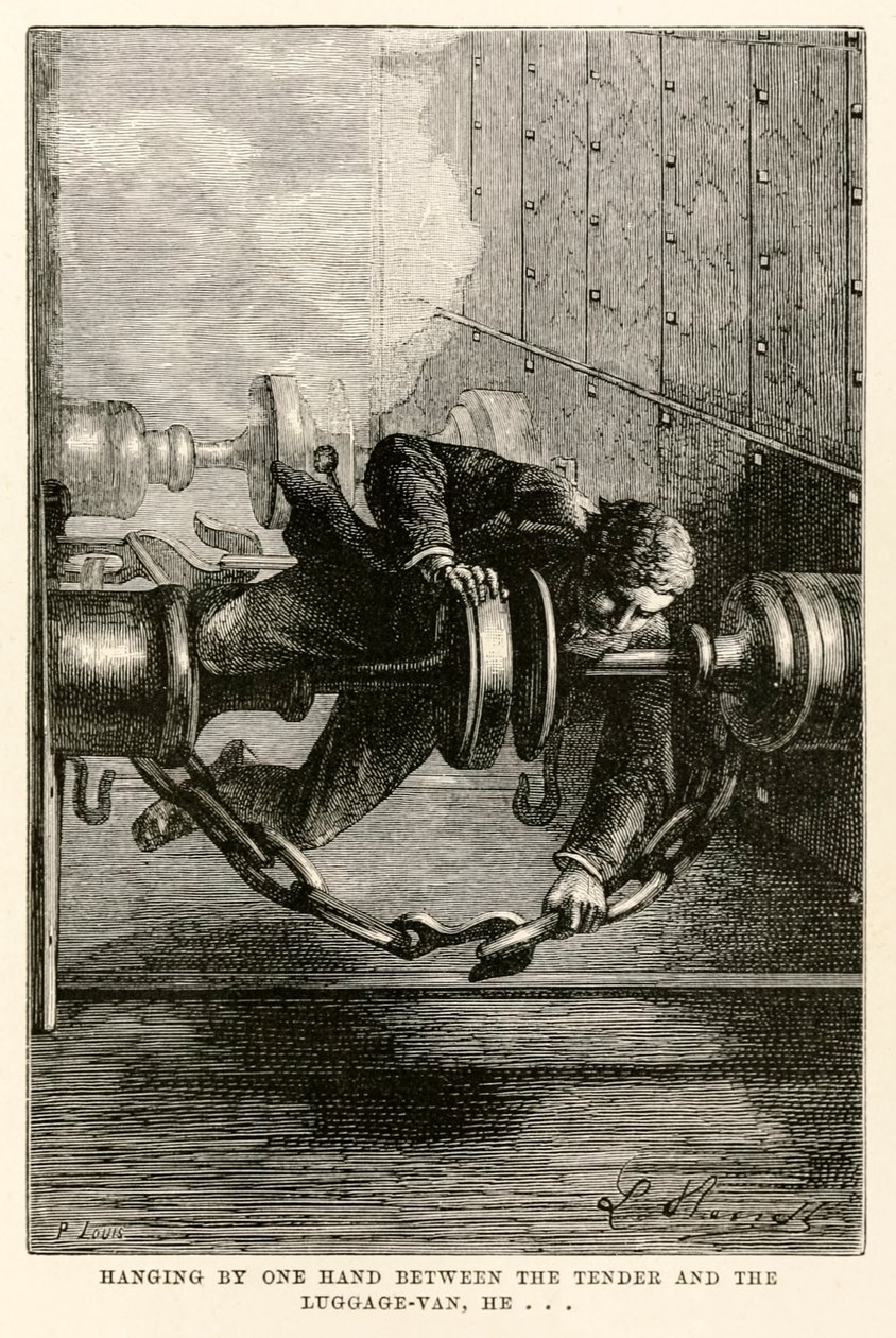 Han henger med én hånd mellom anbudet og bagasjebilen og... fra Around the World in Eighty Days av Jules Verne (1828-1905) gravert av Louis, 1873 av Hippolyte Leon after Benett
