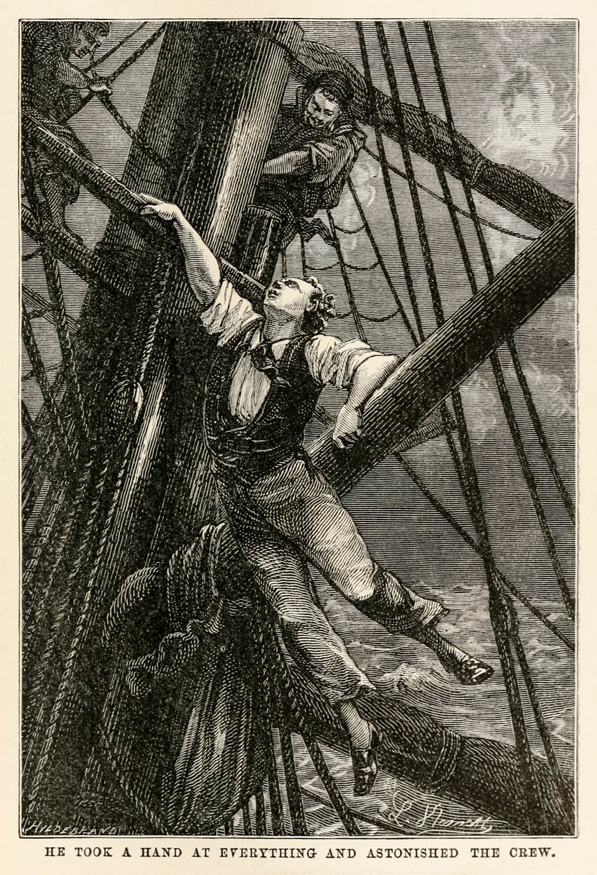 Han tok en hånd på alt og overrasket mannskapet, fra Jorden rundt på åtti dager av Jules Verne (1828-1905) gravert av Henri-Théophile Hildebrand (1824-97), 1873 av Hippolyte Leon after Benett