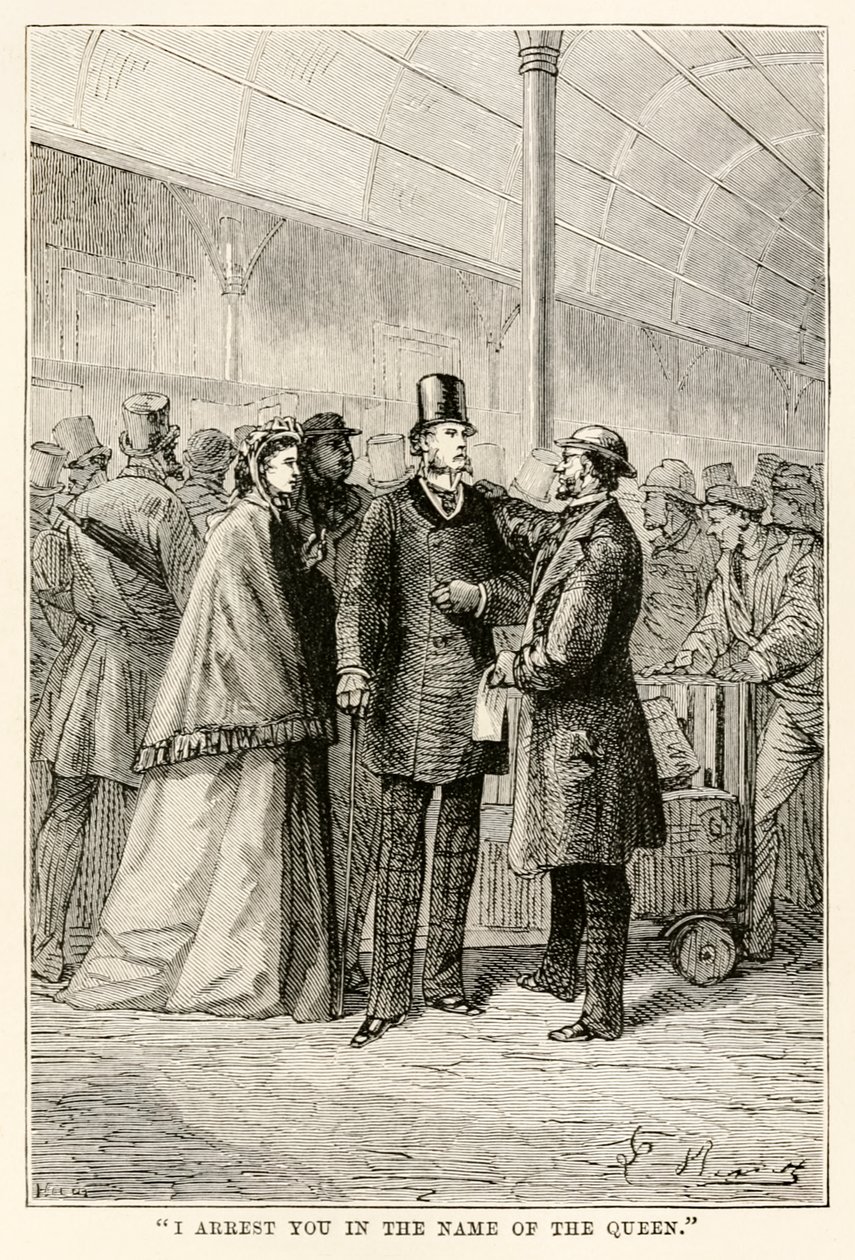 Jeg arresterer deg i dronningens navn, fra Around the World in Eighty Days av Jules Verne (1828-1905), 1873 av Hippolyte Leon after Benett