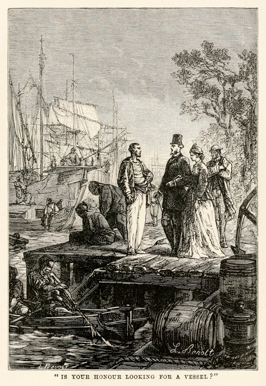 Er din ære på jakt etter et fartøy?, fra Around the World in Eighty Days av Jules Verne (1828-1905), gravert av Louis Prevost, 1873 av Hippolyte Leon after Benett