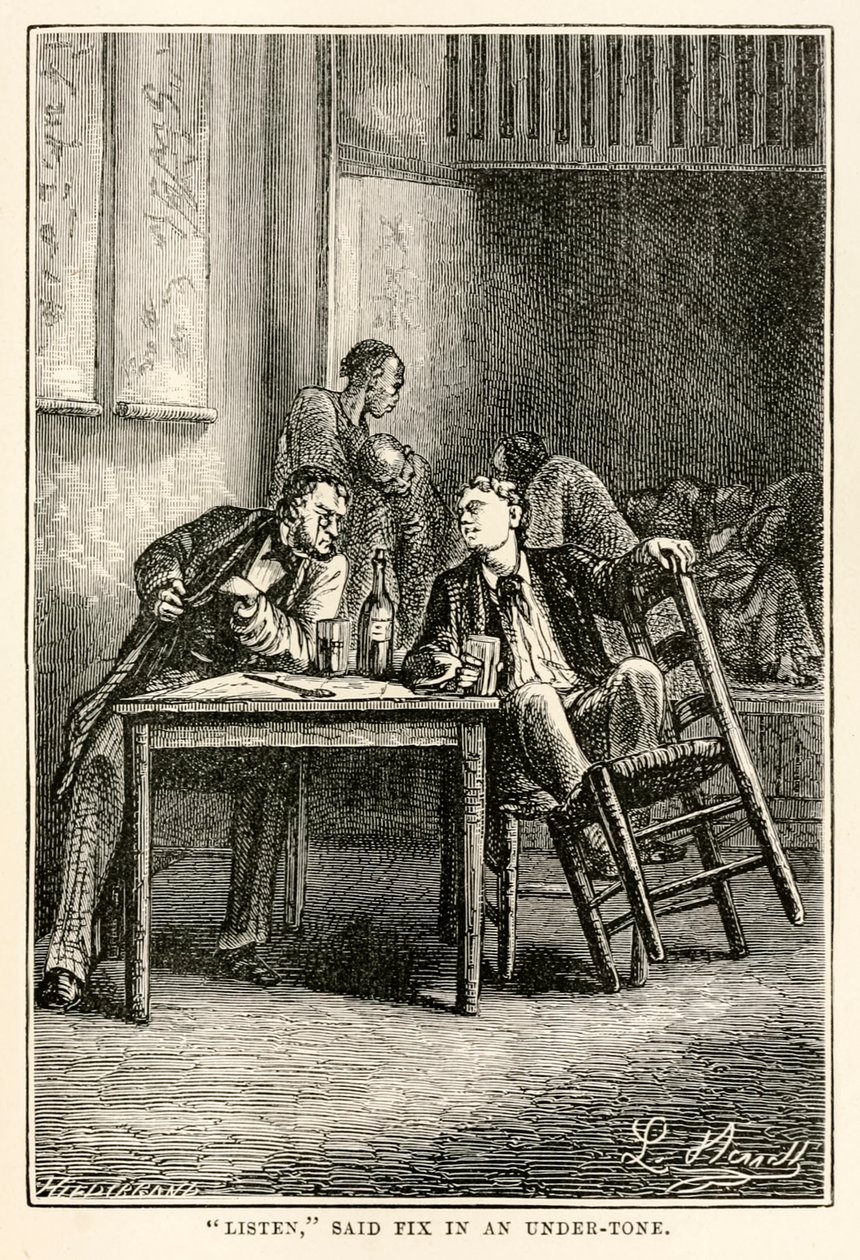 Hør, sa Fix i en undertone, fra Around the World in Eighty Days av Jules Verne (1828-1905) gravert av Henri-Théophile Hildebrand (1824-97), 1873 av Hippolyte Leon after Benett