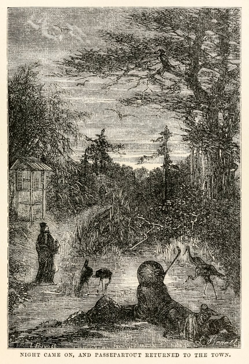 Natten kom, og Passepartout kom tilbake til byen, fra Around the World in Eighty Days av Jules Verne (1828-1905), gravert av Louis Prevost, 1873 av Hippolyte Leon after Benett