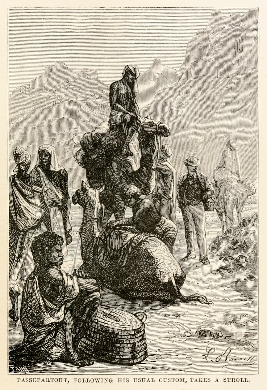 Passepartout, etter hans vanlige skikk, tar en spasertur, fra Around the World in Eighty Days av Jules Verne (1828-1905), gravert av Adolphe François Pannemaker (1822-1900), 1873 av Hippolyte Leon after Benett