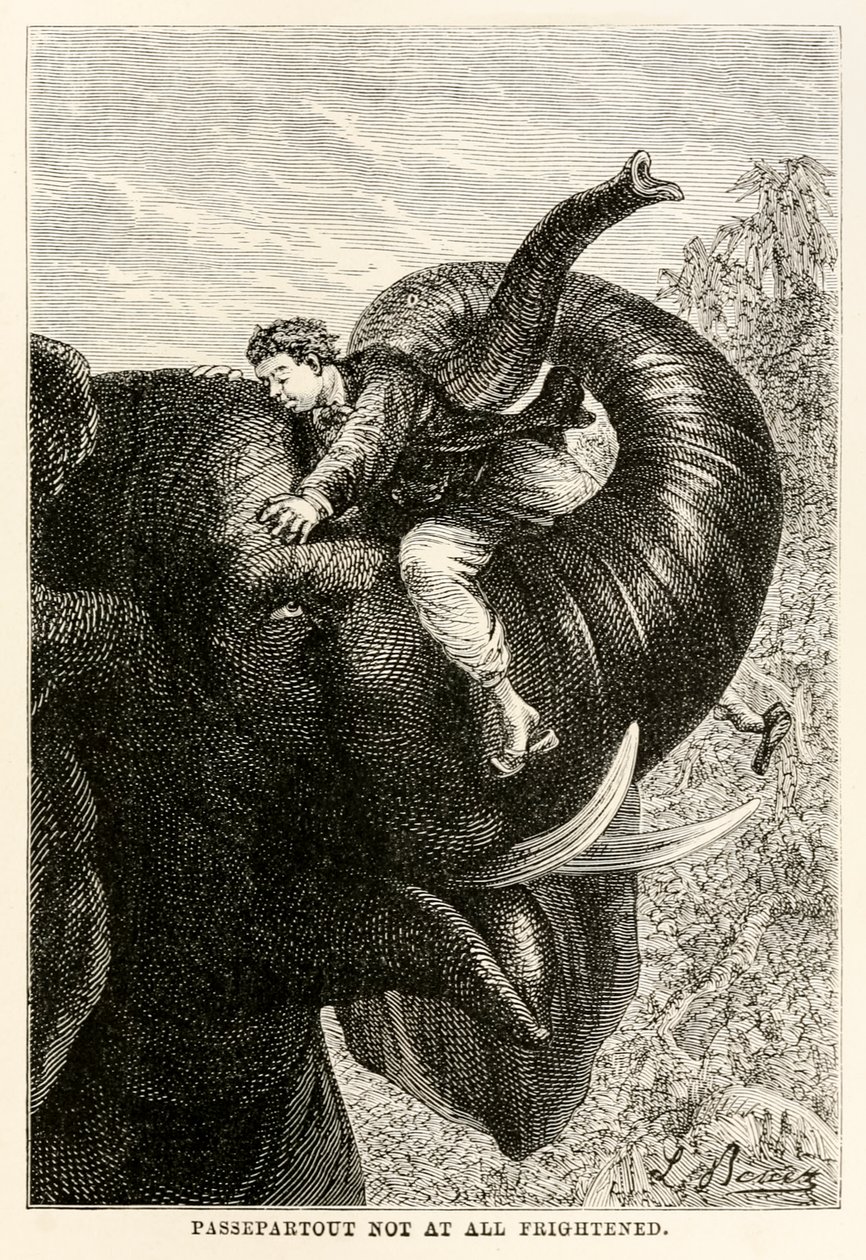 Passepartout ikke i det hele tatt skremt, fra Around the World in Eighty Days av Jules Verne (1828-1905), 1873 av Hippolyte Leon after Benett