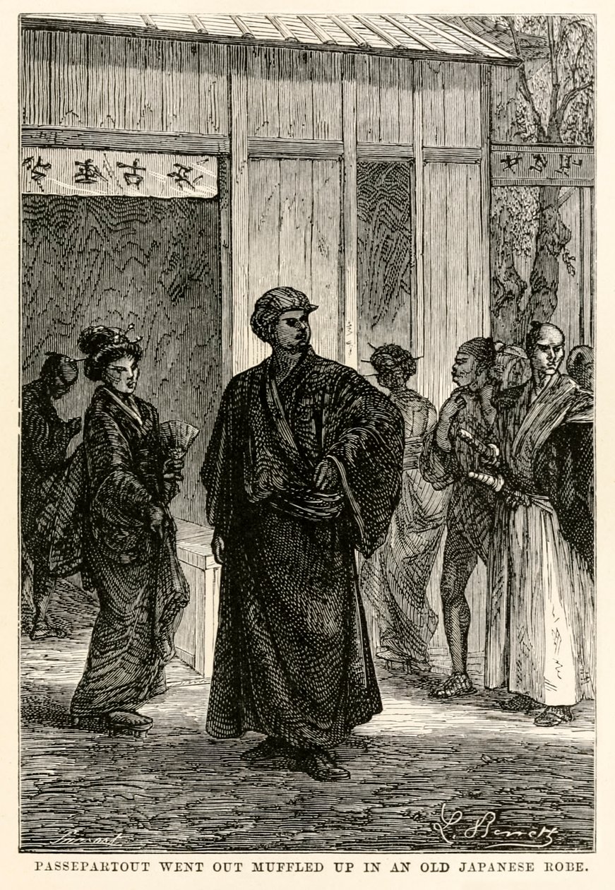Passepartout gikk ut dempet i en gammel japansk kappe, fra Around the World in Eighty Days av Jules Verne (1828-1905), gravert av Louis Prevost, 1873 av Hippolyte Leon after Benett