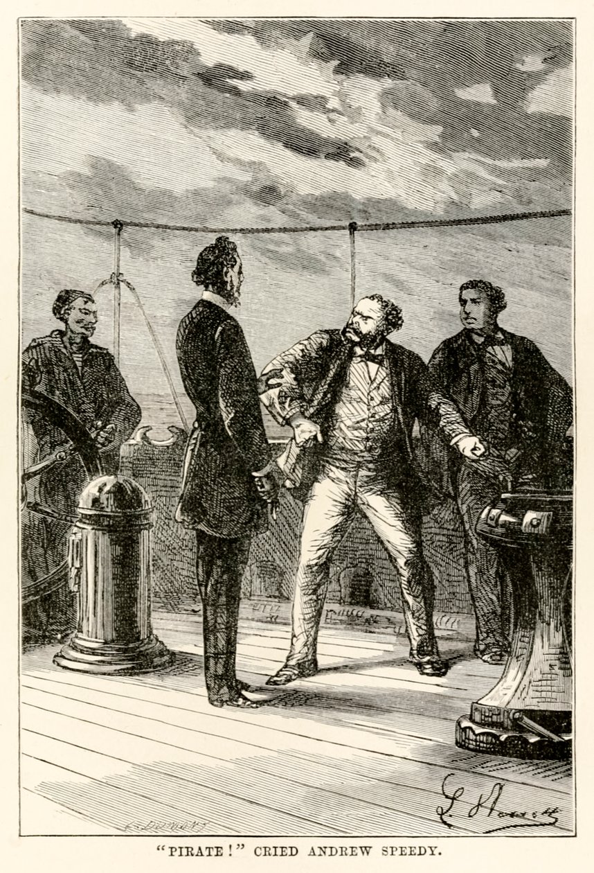 Sjørøver! ropte Andrew Speedy., from Around the World in Eighty Days av Jules Verne (1828-1905) gravert av Louis Dumont (f.1822) 1873 av Hippolyte Leon after Benett