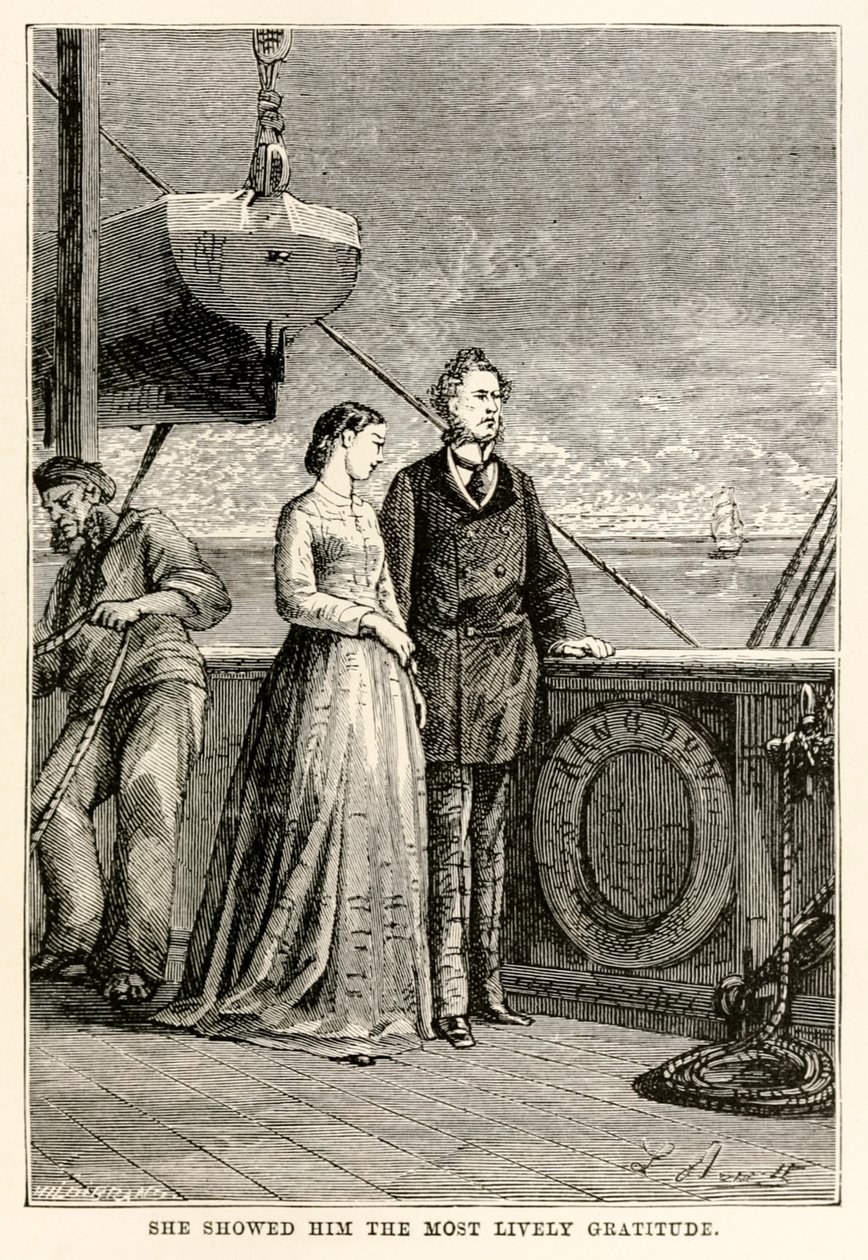 Hun viste ham den mest livlige takknemlighet, fra Jorden rundt på åtti dager av Jules Verne (1828-1905) gravert av Henri-Théophile Hildebrand (1824-97), 1873 av Hippolyte Leon after Benett