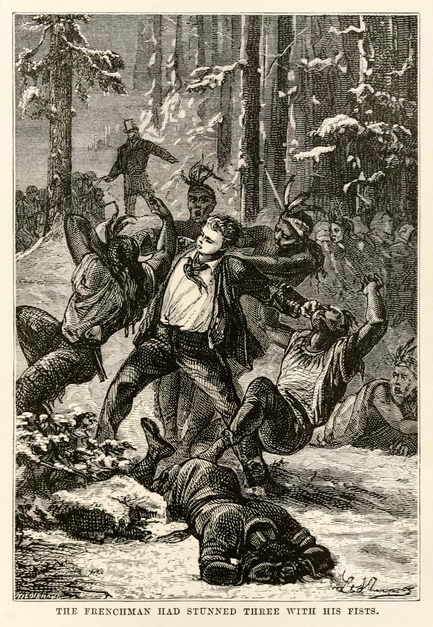 Franskmannen hadde bedøvet tre med knyttnevene, fra Jorden rundt på åtti dager av Jules Verne (1828-1905) gravert av Henri-Théophile Hildebrand (1824-97), 1873 av Hippolyte Leon after Benett