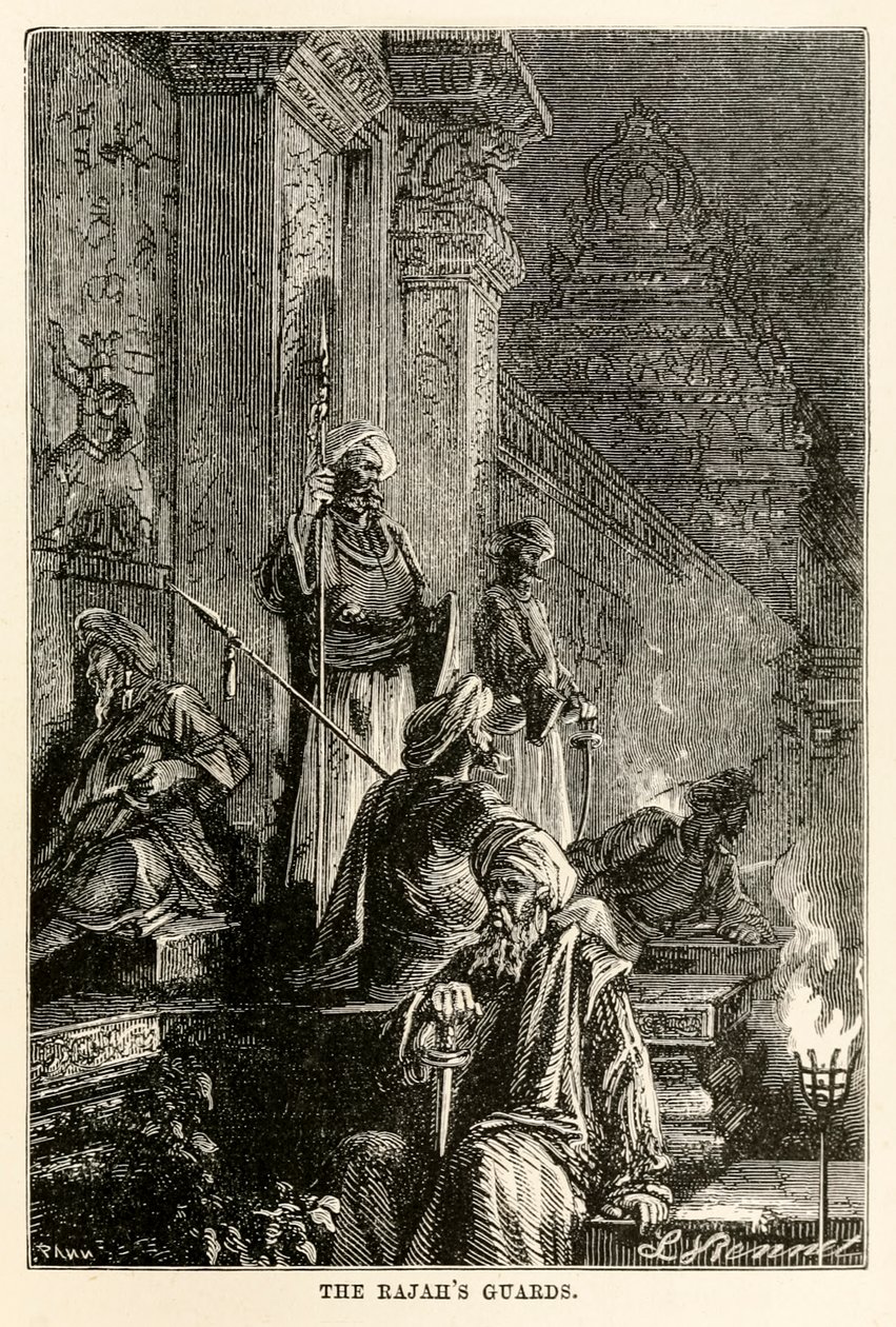 Rajahs-vaktene, fra Around the World in Eighty Days av Jules Verne (1828-1905), gravert av Adolphe François Pannemaker (1822-1900), 1873 av Hippolyte Leon after Benett