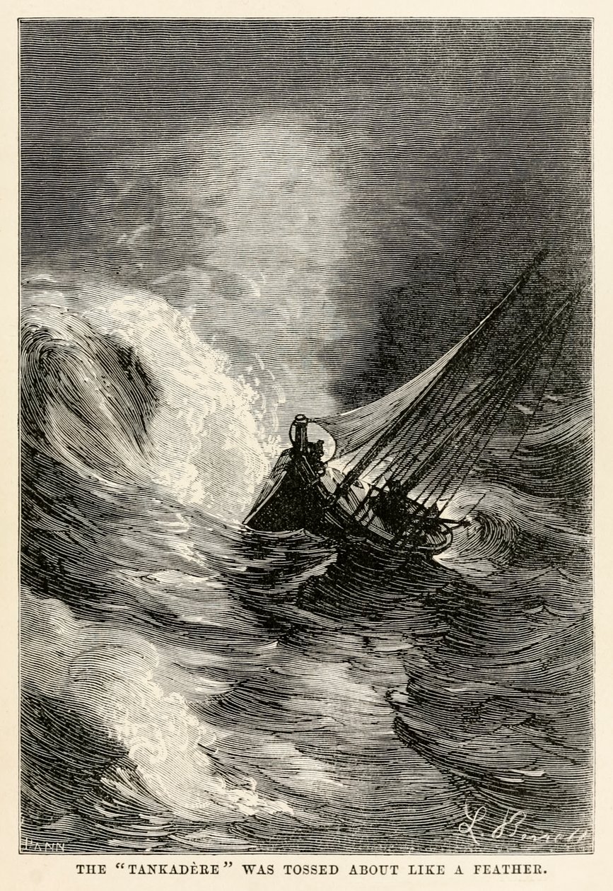 Tankadere ble kastet rundt som en fjær, fra Around the World in Eighty Days av Jules Verne (1828-1905) gravert av Adolphe François Pannemaker (1822-1900), 1873 av Hippolyte Leon after Benett