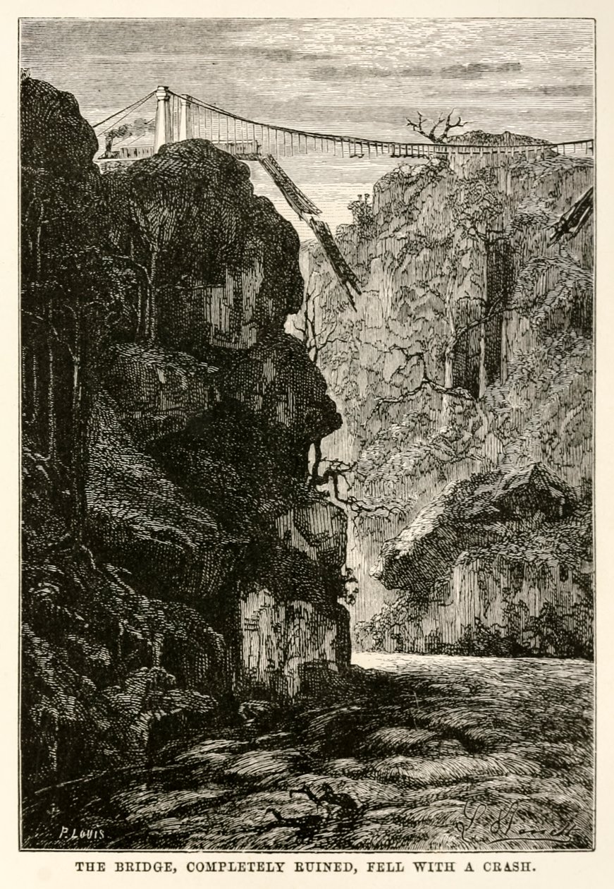 Broen, fullstendig ødelagt, falt med et brak, fra Around the World in Eighty Days av Jules Verne (1828-1905) gravert av Louis, 1873 av Hippolyte Leon after Benett