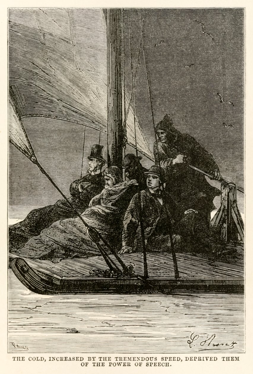 Kulden, økt med den enorme hastigheten, fratok dem talens kraft, fra Jorden rundt på åtti dager av Jules Verne (1828-1905) gravert av Adolphe François Pannemaker (1822-1900), av Hippolyte Leon after Benett