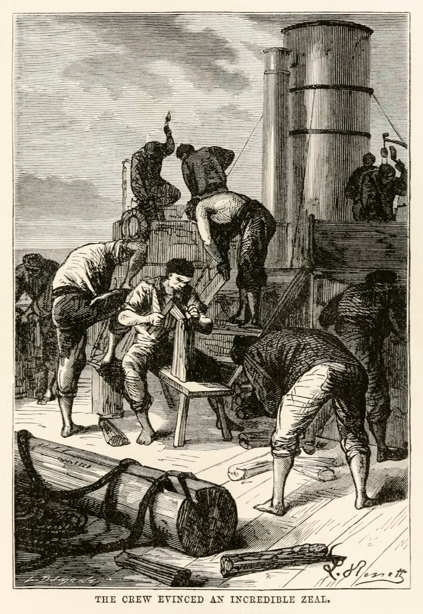Mannskapet viste en utrolig iver, fra Around the World in Eighty Days av Jules Verne (1828-1905) gravert av Louis Dumont (f.1822), 1873 av Hippolyte Leon after Benett