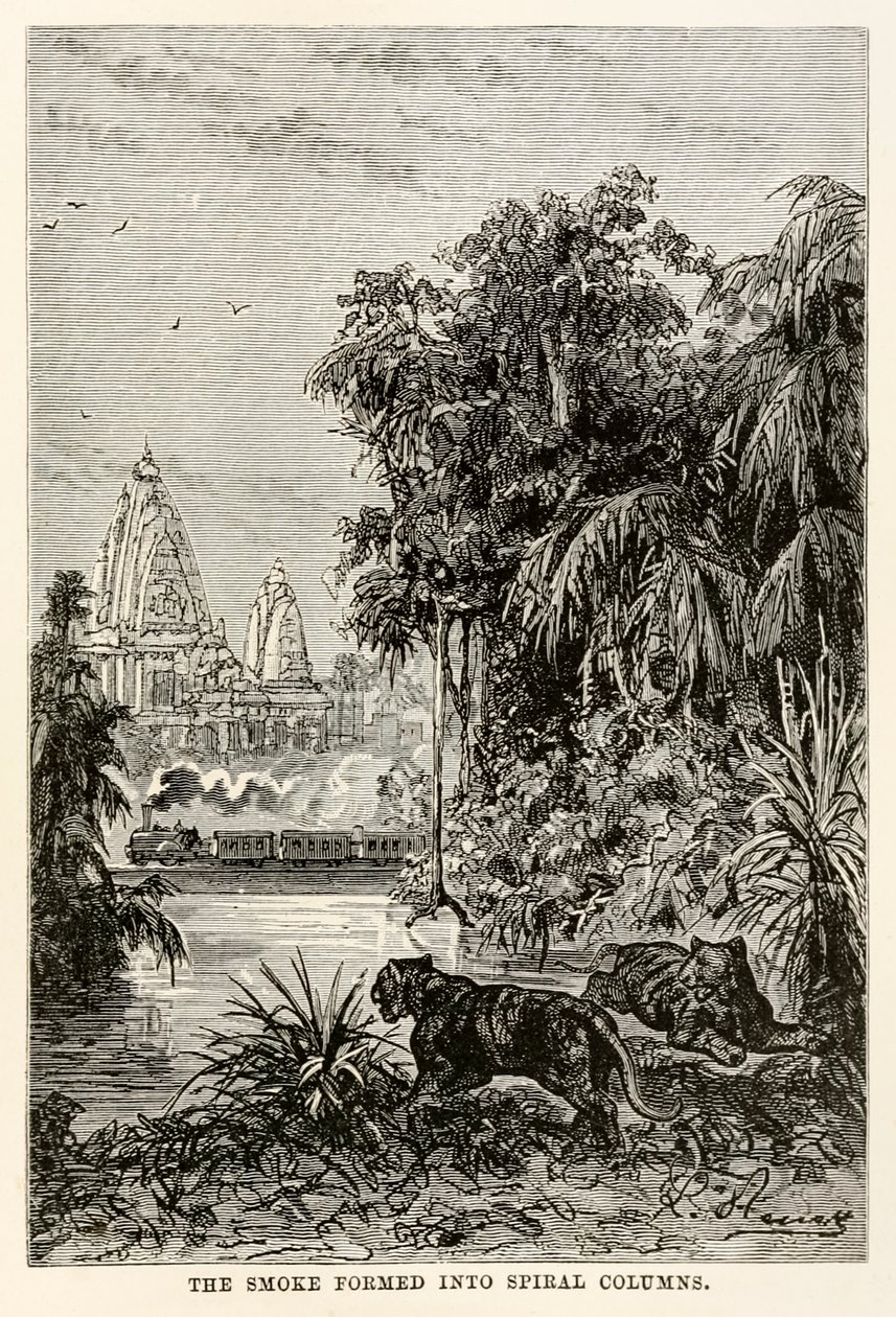 Røyken dannet seg til spiralsøyler, fra Around the World in Eighty Days av Jules Verne (1828-1905), 1873 av Hippolyte Leon after Benett
