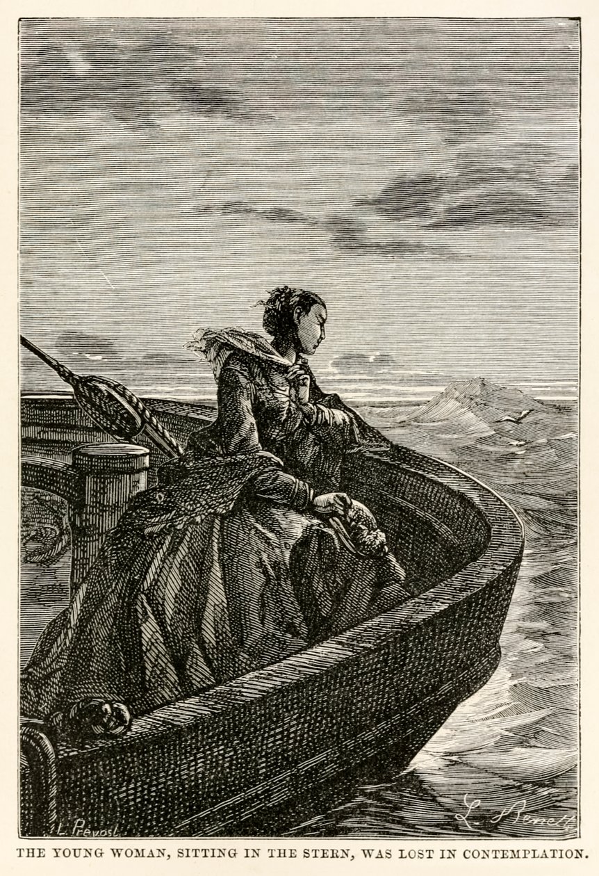 Den unge kvinnen, som satt i hekken, gikk tapt i kontemplasjon, fra Around the World in Eighty Days av Jules Verne (1828-1905), gravert av Jean Louis Prevost, (1790-1850), 1873 av Hippolyte Leon after Benett