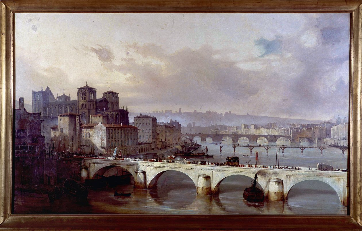 Prosesjon passerer på broen til erkebispedømmet i Lyon - maleri av Hyppolyte Leymarie, ca. 1835-1840, Gadagne-museet i Lyon. av Hippolyte Leymarie
