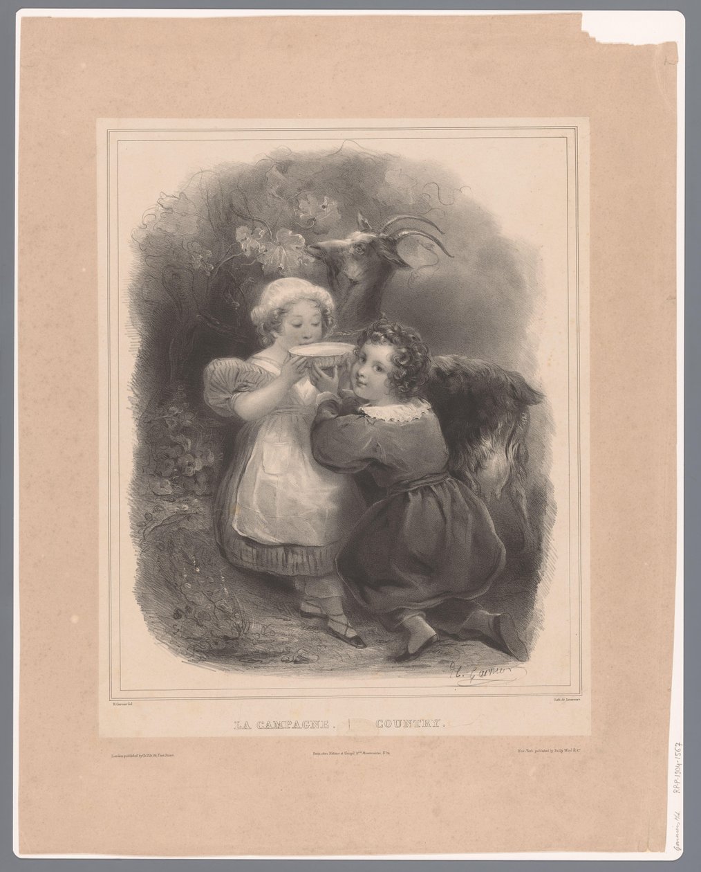 To barn med en geit drikker geitemelk La Campagne / Country (tittel på objekt) av Hippolyte Louis Garnier