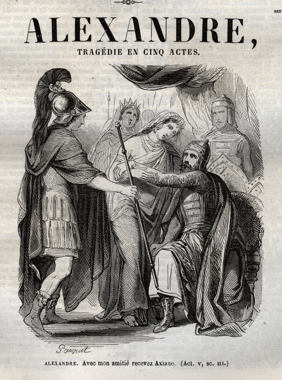 Alexander. Med mitt vennskap motta Axiane - Alexandre den store tragedie i fem akter - gravering i "" Works of Jean Racine"" illustrert av Pauquet og notis av Emile de La Bedolliere - 1851 av Hippolyte Louis Pauquet