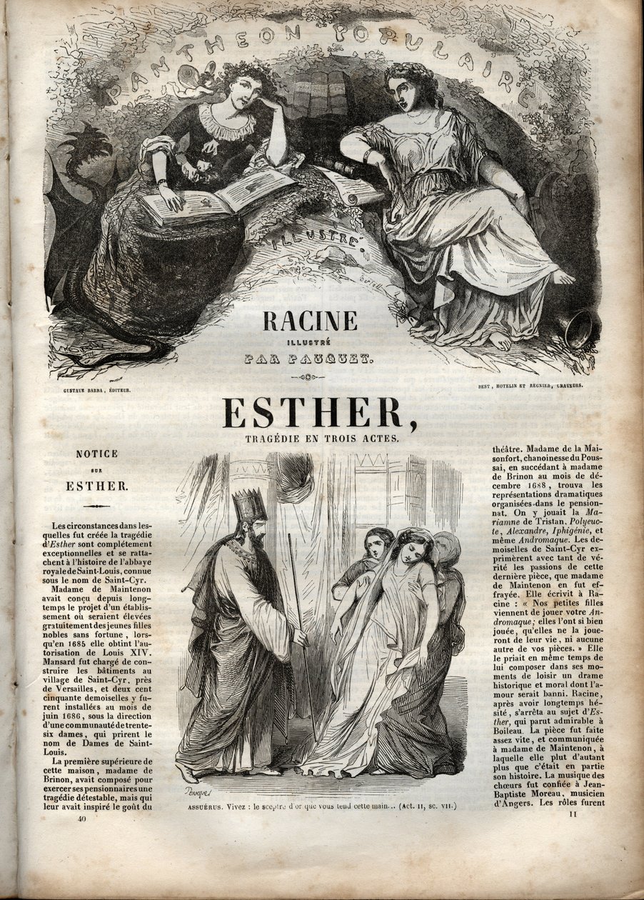 Illustrasjon for "Esther" av Jean Racine - gravering i "" Works of Jean Racine"" illustrert av Pauquet og merknad av Emile de La Bedolliere - 1851 av Hippolyte Louis Pauquet