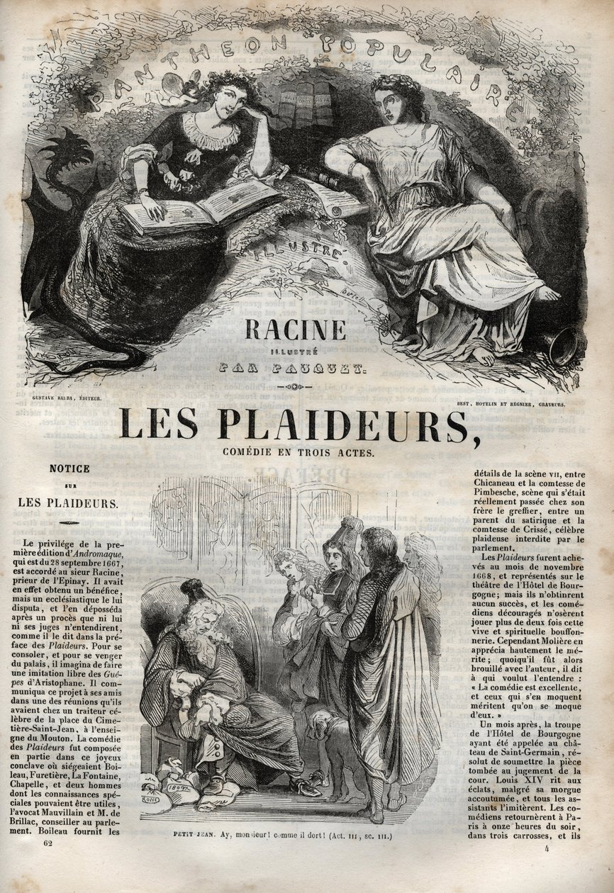 Les Plaideurs (1668) komedie i tre akter - gravering i "" Works of Jean Racine"" illustrert av Pauquet og notis av Emile de La Bedolliere - 1851 av Hippolyte Louis Pauquet