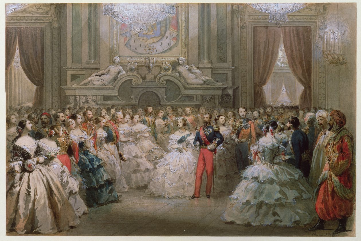 Dronning Victoria (1819-1901) og prins Albert (1819-61) på en gallamiddag gitt av Napoleon III og Eugenie, 1853 (wc på papir) av Hippolyte Louis Pauquet