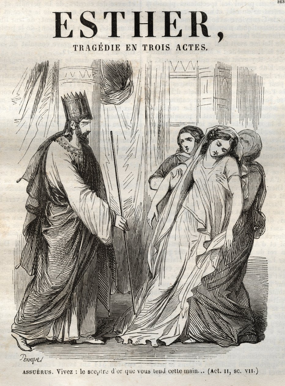 Scene from Esther, tragedy by Jean Racine (1639Ð1699) - engraving in “” Works of Jean Racine”” illustrated by Pauquet and notice by Emile de La Bedolliere - 1851 av Hippolyte Louis Pauquet