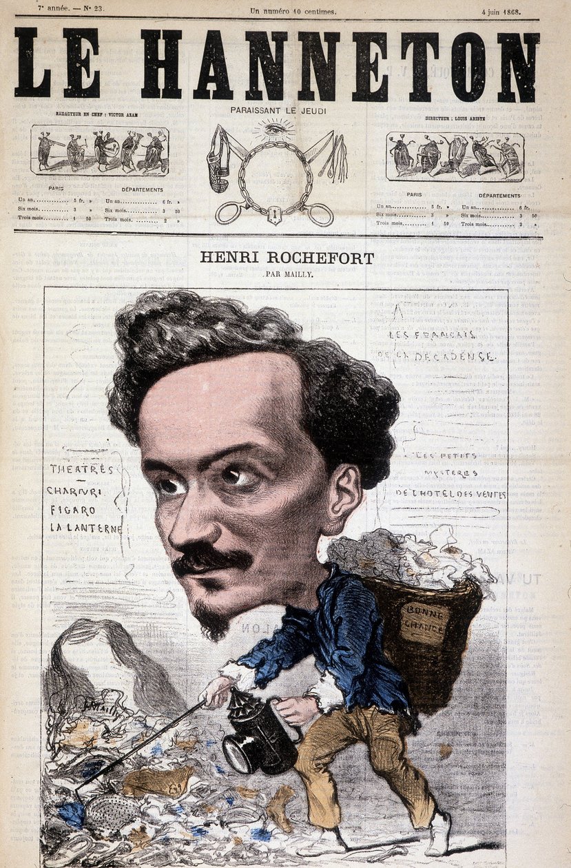 Tegneserie av Henri Rochefort (1831-1913), fransk journalist, forfatter og politiker. I Le Hanneton, 4. juni av Hippolyte Mailly