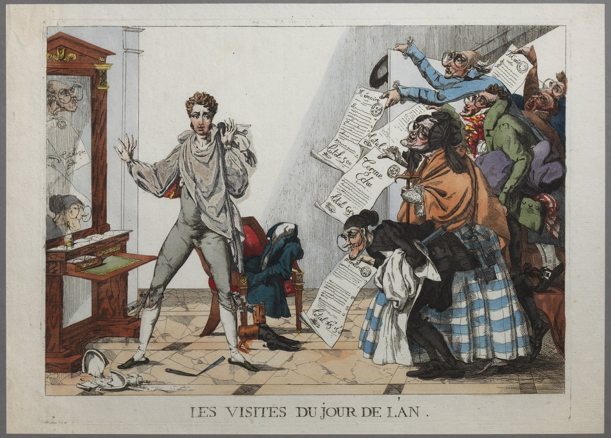 Nyttårsbesøkene - (En skare av kreditorer passerer døren til en ung manns leilighet og svinger med sedler for det foregående års ekstravaganser. Desember 1814 Håndfarget gravering) - Besøkende på nyttårsdag pa av Hippolyte Pochon