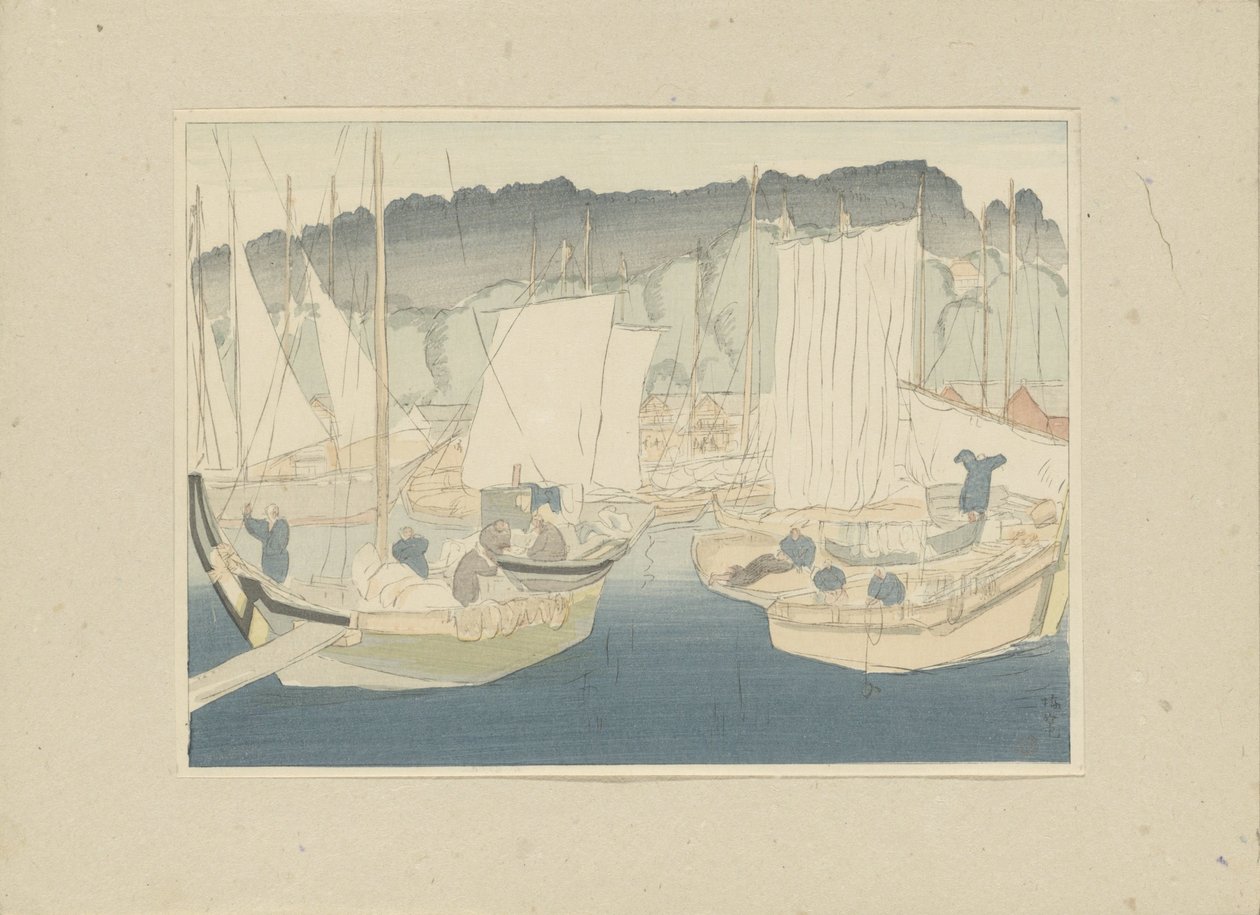 Båter i havnen i Shiogama Shiogama (tittel på objekt) Del tre, Tôhoku-området (serietittel) Dai sanshû, Tôhoku no bu (serietittel på objekt) Trykk av japanske landskap (serietittel) Nihon fûkei hanga (serietittel på objekt) av Hirafuku Hyakusui