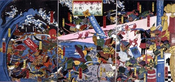 Parodi på en kampscene, som skildrer kampen om grønnsaker og fisk av Hirokage Utagawa