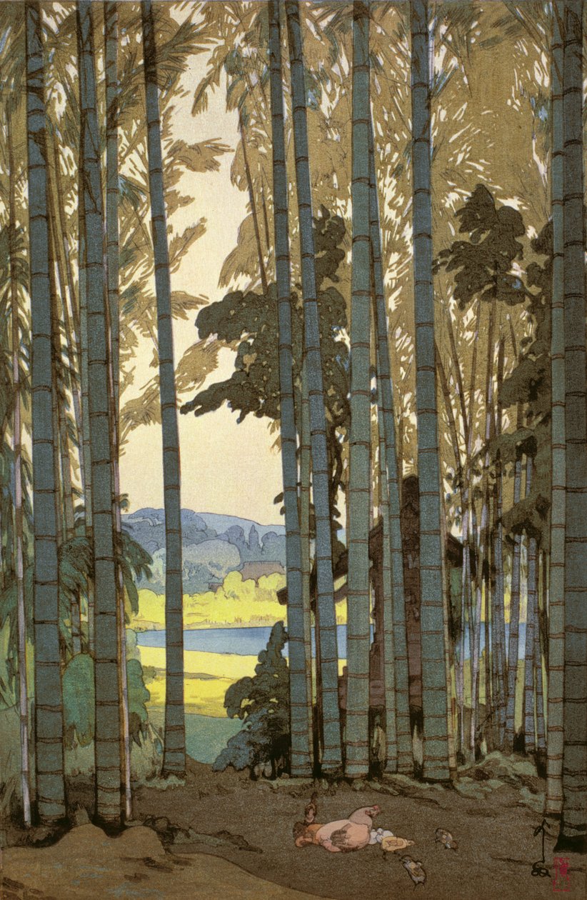 Høner i bambus (farget treblokktrykk) av Hiroshi Yoshida