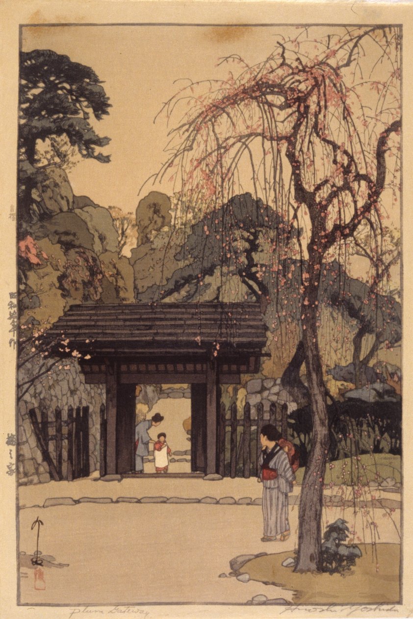 Plum Gateway (treblokktrykk i farger) av Hiroshi Yoshida