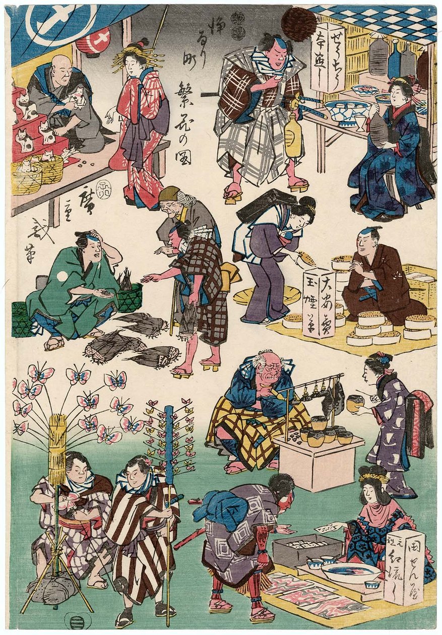 Karakterer fra Skuespillere som kjøpmenn og kunder av Utagawa Hiroshige