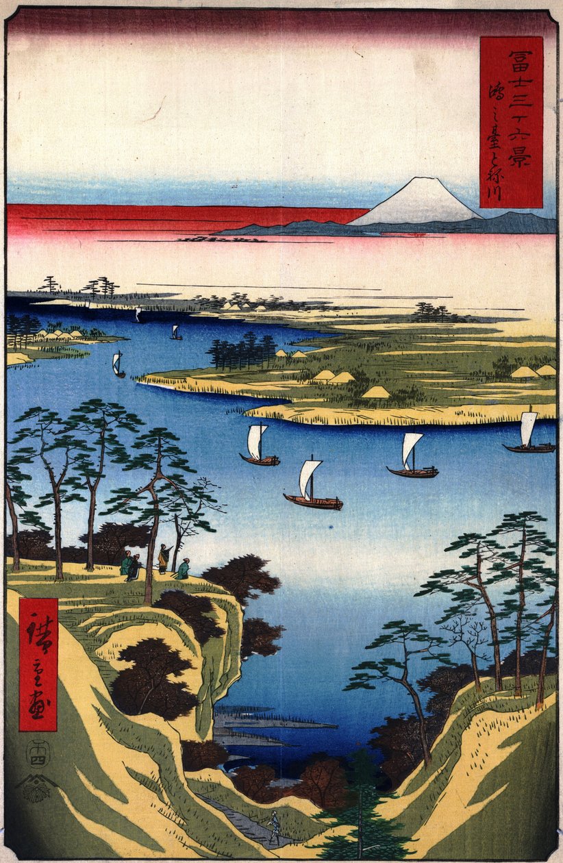 36 Utsikt over Fuji -fjellet - 11. Wild Goose Hill og Tone River av Utagawa Hiroshige