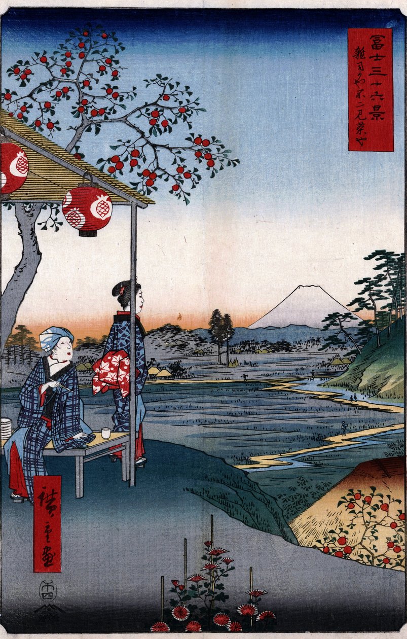 Tehuset med utsikt over Fuji -fjellet av Utagawa Hiroshige