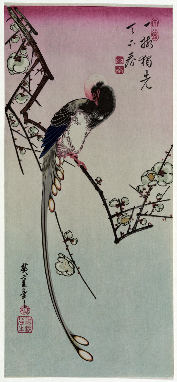 Plomme og langhalet fugl av Utagawa Hiroshige