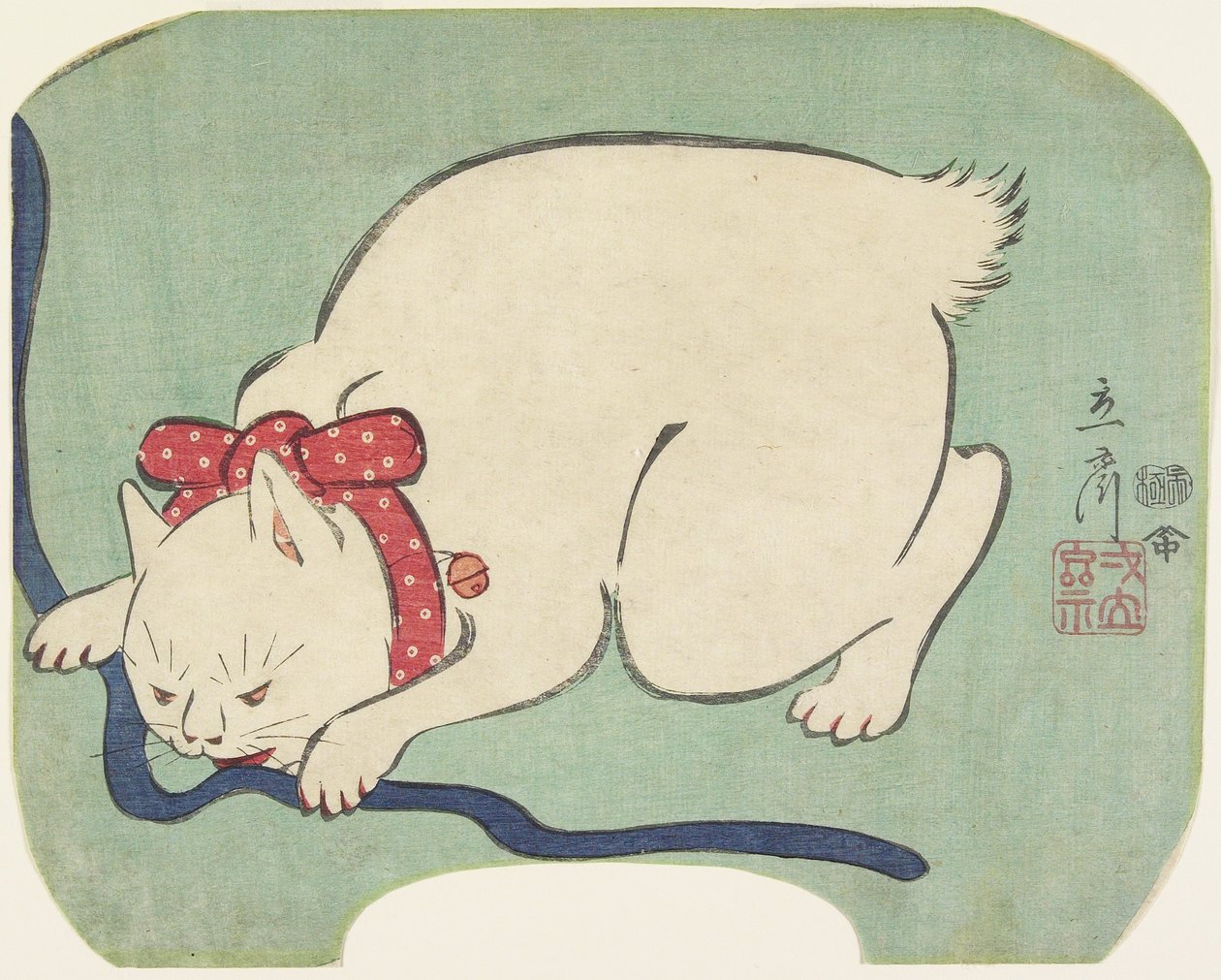 En hvit katt som leker med en streng, 1863 av Hiroshige II