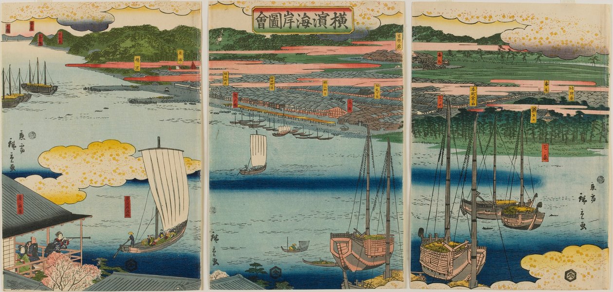 Bilde av kysten av Yokohama, Edo-perioden, 1860 (farget treblokktrykk) av Hiroshige II