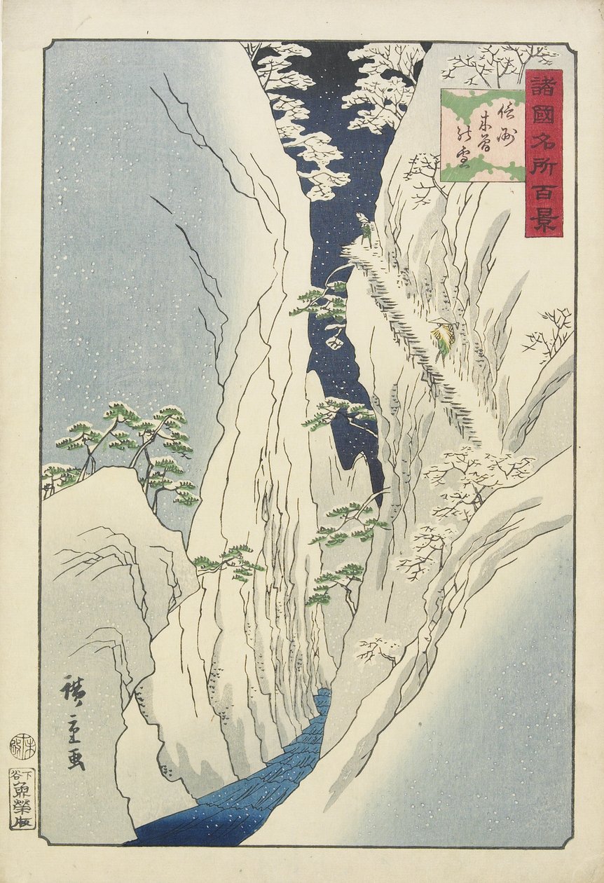 Snø ved Kiso-juvet i Shinshu_-provinsen, november 1859 av Hiroshige II