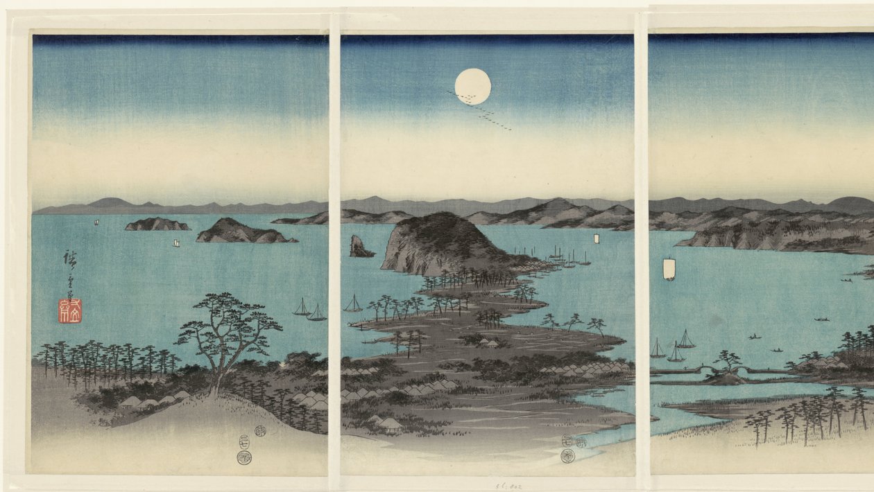 Kveldspanorama av de åtte utsiktene over Kanazawa i Musashi-provinsen Buyo Kanazawa hassho yakei (tittel på objekt) Snow, Moon and Flowers (serietittel) Setsugekka (serietittel) av Hiroshige (I) , Utagawa