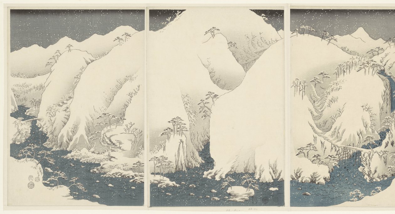 Fjell og elver langs Kiso-ruten Kisoji no yamakawa (tittel på objekt) Snow, Moon and Flowers (serietittel) Setsugekka (serietittel) av Hiroshige (I) , Utagawa