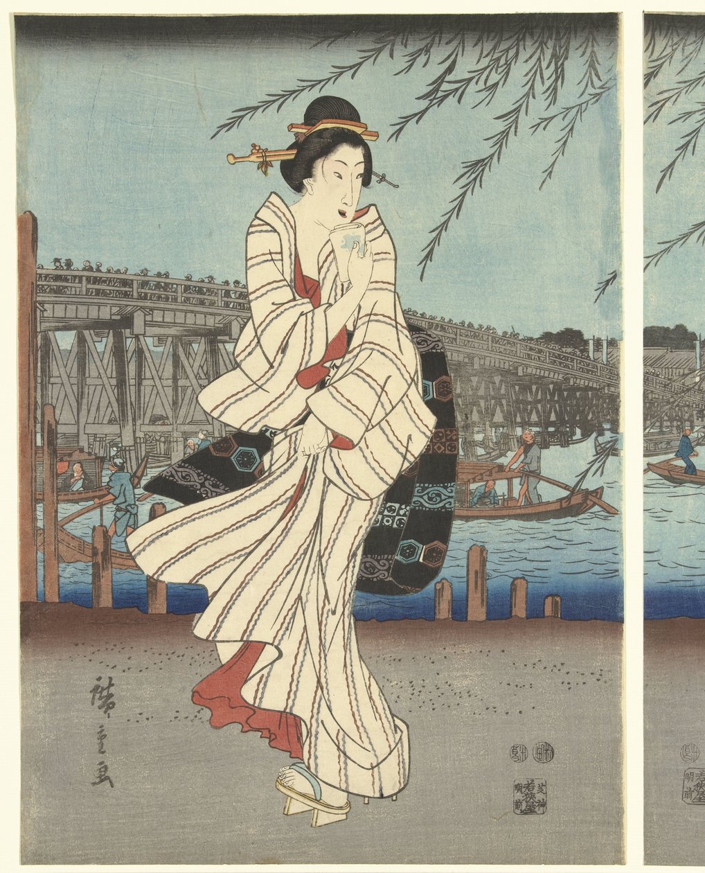 Kjente steder i den østlige hovedstaden: Nyt en kveldsbris ved Ryogoku-broen av Hiroshige (I) , Utagawa