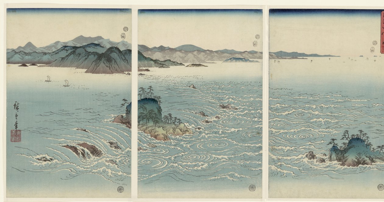 Utsikt over boblebadene ved Naruta i Awa-provinsen Awa Naruto no fukei (tittel på objekt) Snow, Moon and Flowers (serietittel) Setsugekka (serietittel) av Hiroshige (I) , Utagawa