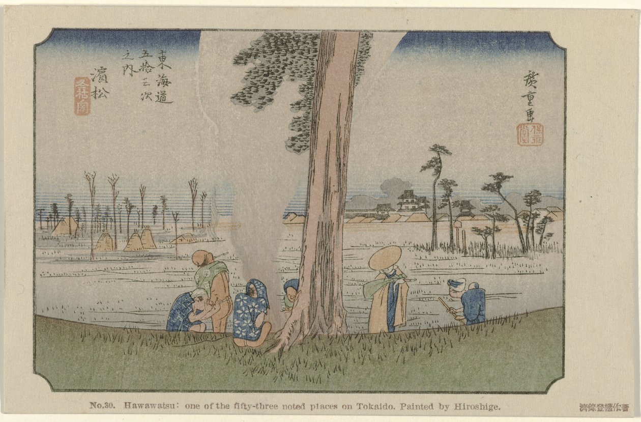 Hamamatsu nr. 30. Hawawatsu: et av de femtitre kjente stedene på Tokaido, malt av Hiroshige De Tôkaidô van Hiroshige (serietittel) Hiroshige no fude Tôkaidô (serietittel på objekt) av Hiroshige (I) , Utagawa