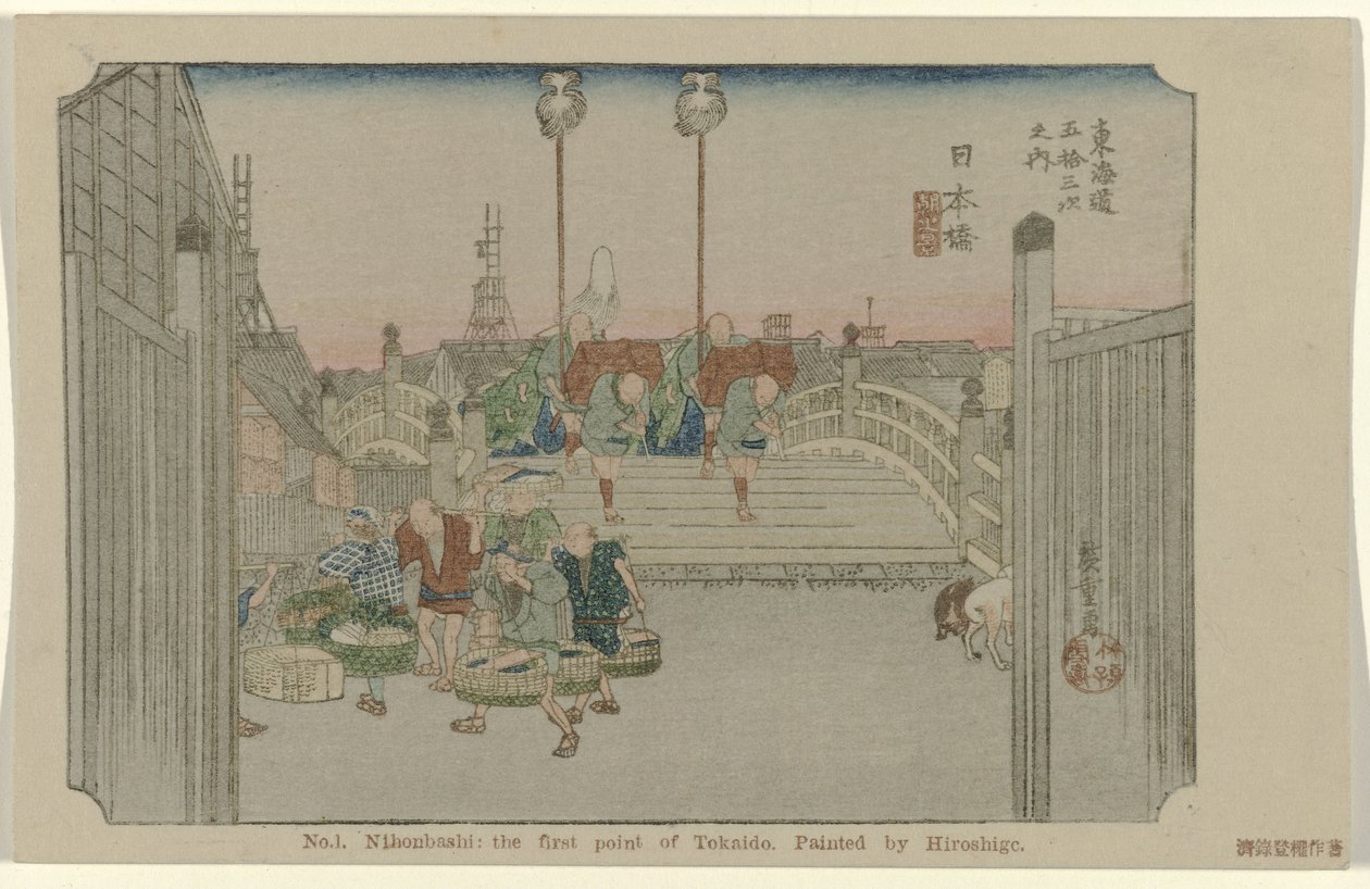 Nihonbashi nr. 1. Nihonbashi: Tokaidos første punkt Malt av Hiroshige (tittel på objekt) De Tôkaidô van Hiroshige (serietittel) Hiroshige no fude Tôkaidô (serietittel på objekt) av Hiroshige (I) , Utagawa